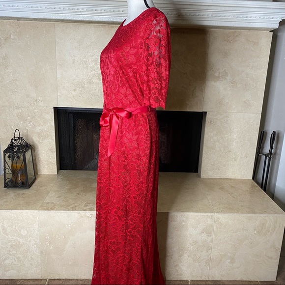 Leslie Fay Stretch Lace Illusion Tie Waist A-Line Gown Red Dress Size 12 - Picture 5 of 13